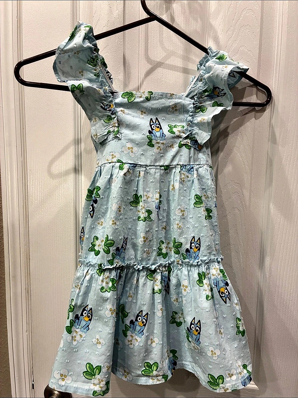 Bluey Light Blue Floral Swiss Dot Ruffle Tiered Dress Girls 4T